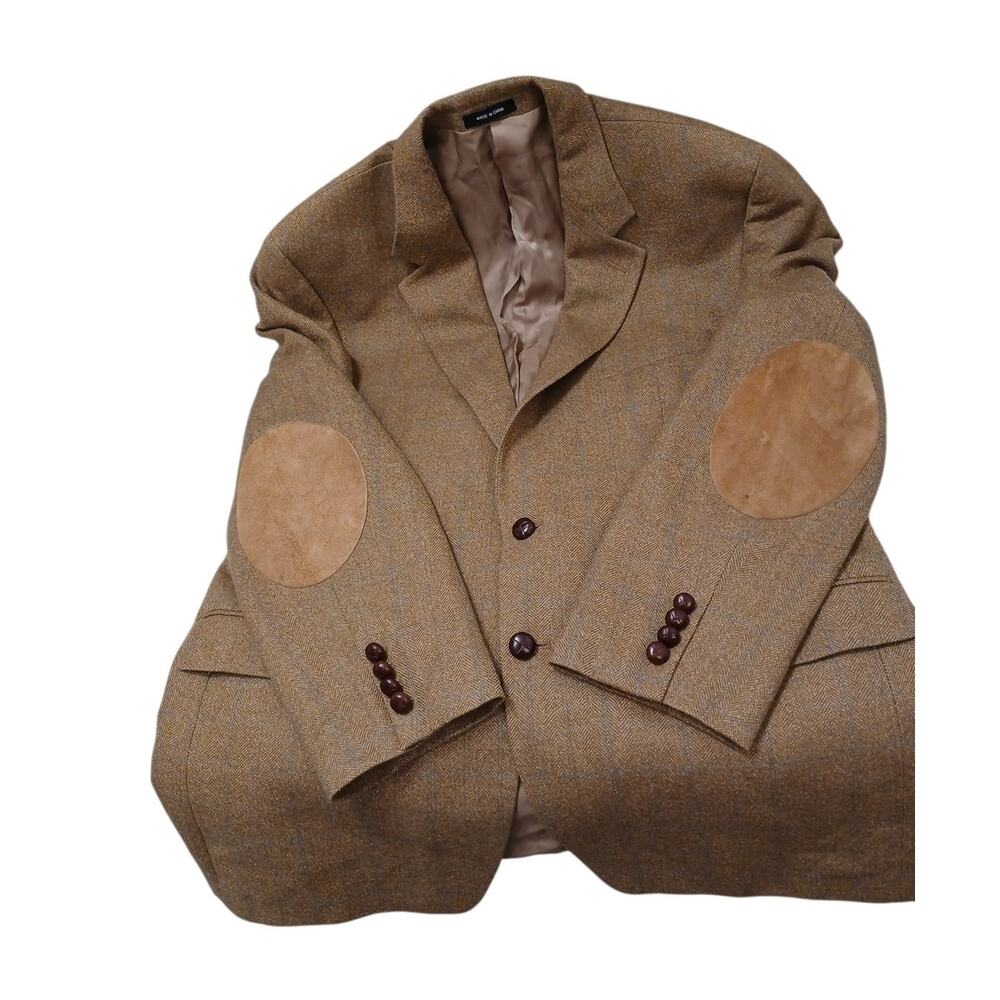Lauren Ralph Lauren Jacket Leather Suede Elbow Patches Wool Tweed 43R Brown Luxe